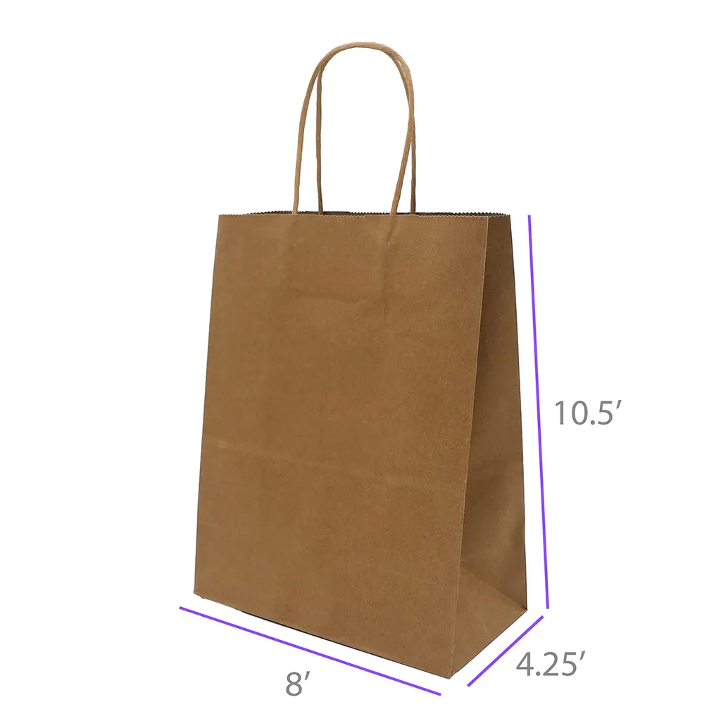 8x4.25x10.5 Kraft Paper Restaurant & Retail Bags with Twisted Handles