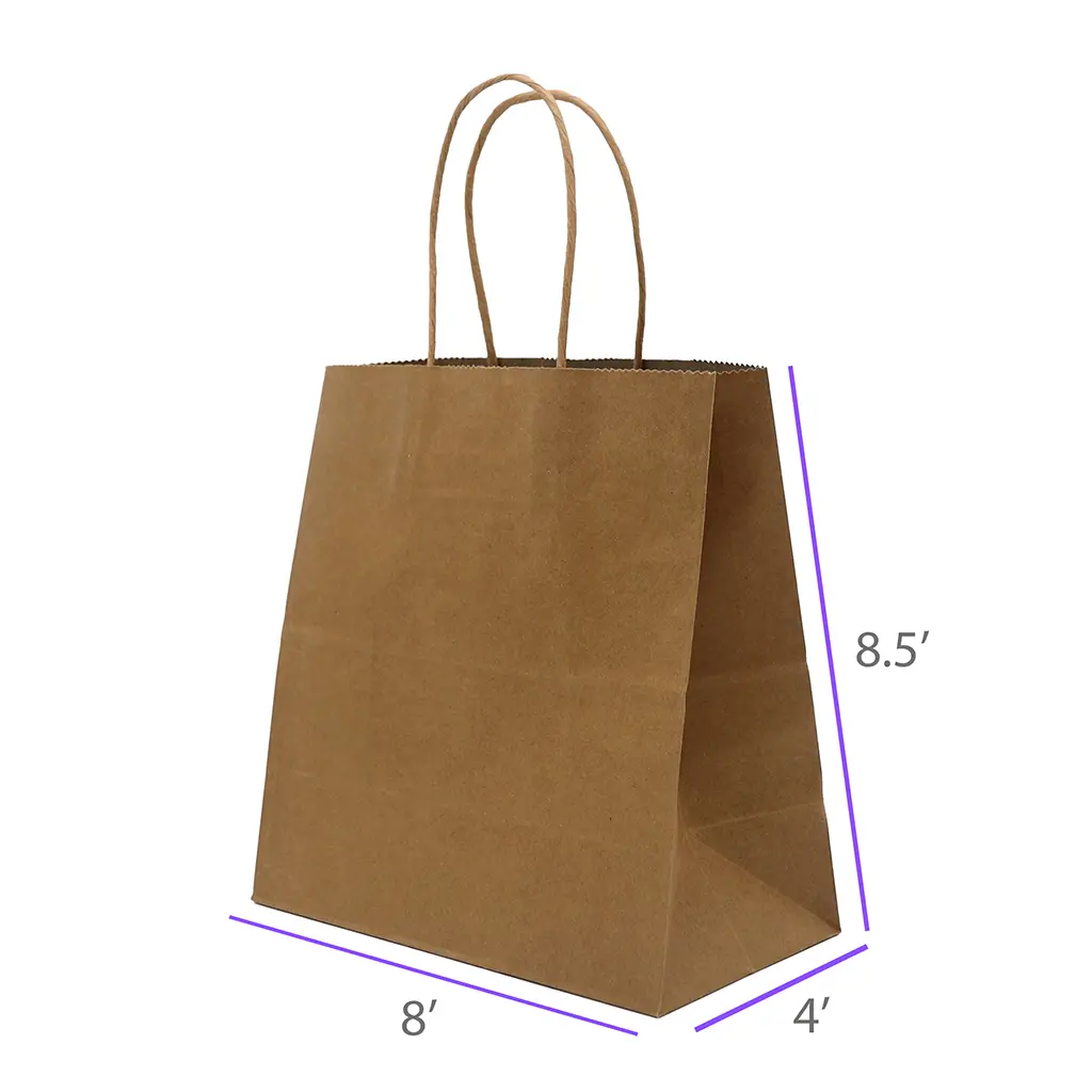 8x4x8.5 Kraft Paper Restaurant & Retail Bags with Twisted Handles