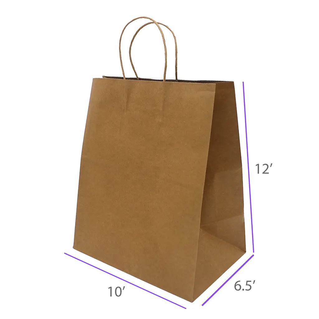 10x6.5x12 Kraft Paper Restaurant & Retail Bags with Twisted Handles