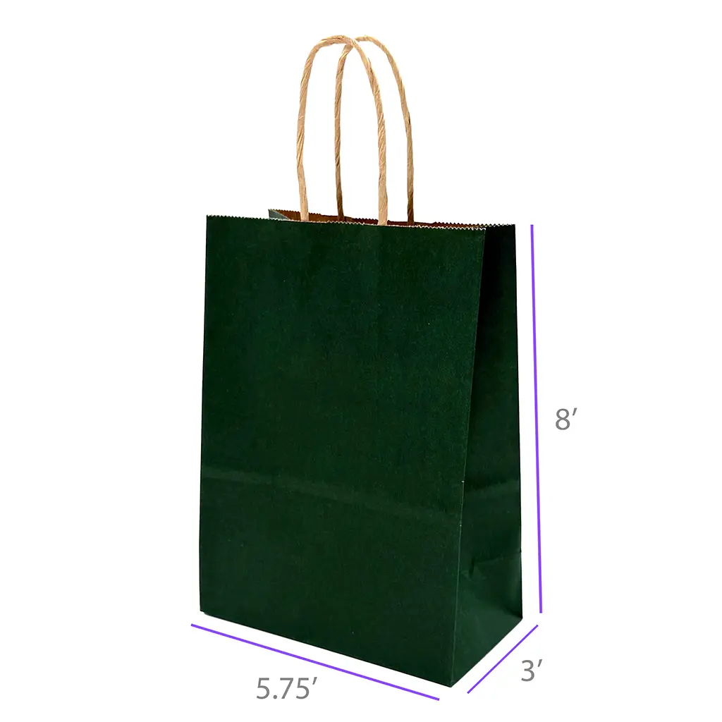 5.75x3x8 Dark Green Color Paper Kraft Bags with Twisted Handles