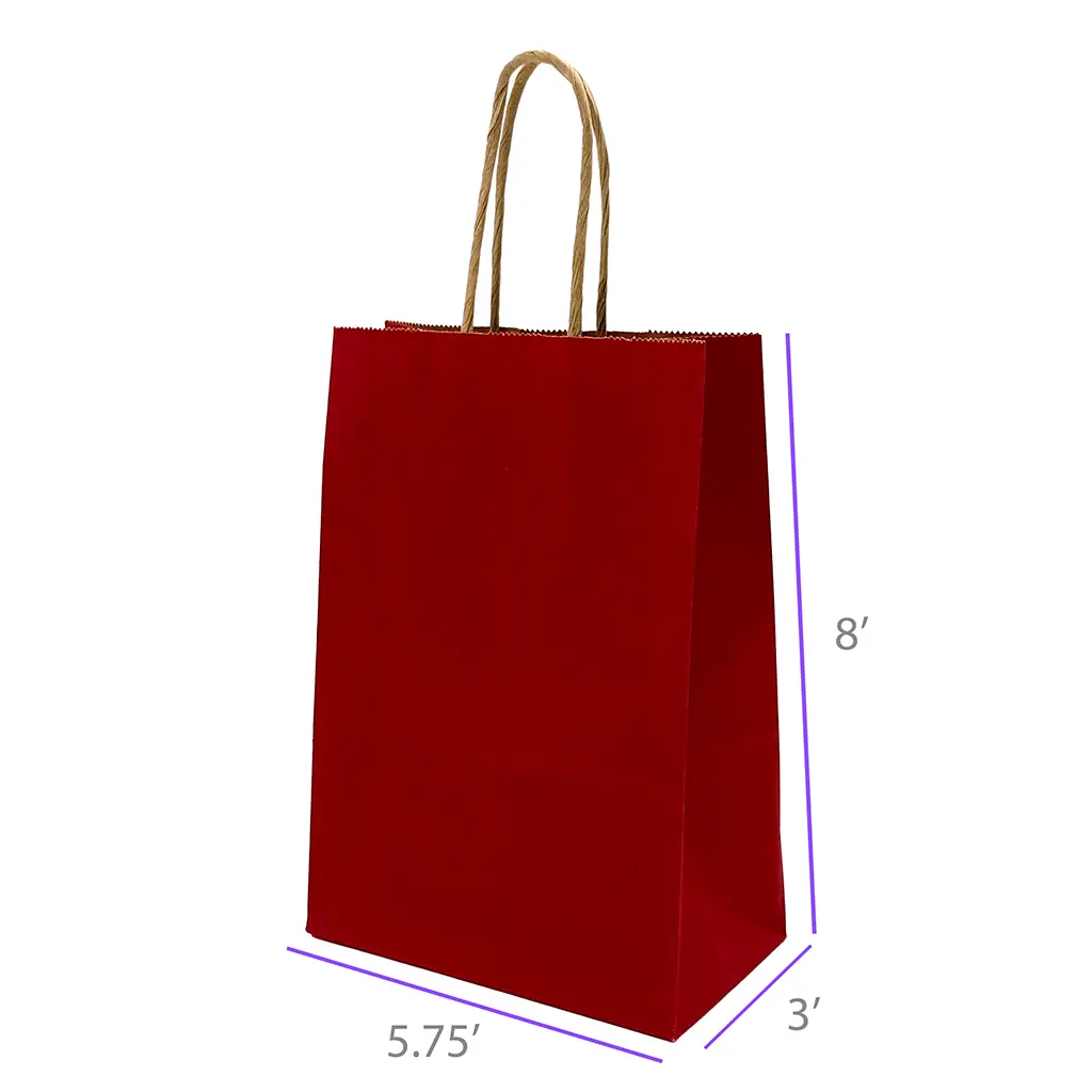 5.75x3x8 Burgundy Red Color Paper Kraft Bags with Twisted Handles