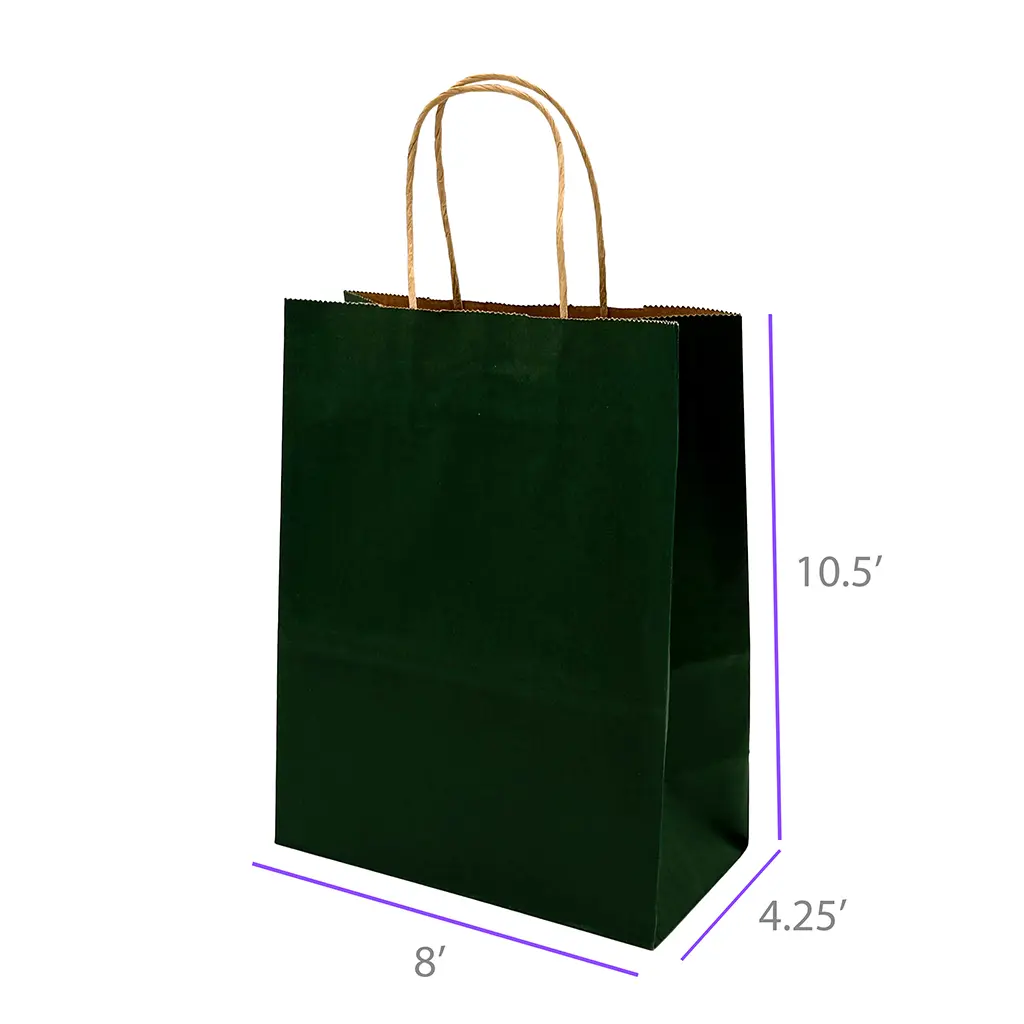 8x4.25x10.5 Dark Green Color Paper Kraft Bags with Twisted Handles