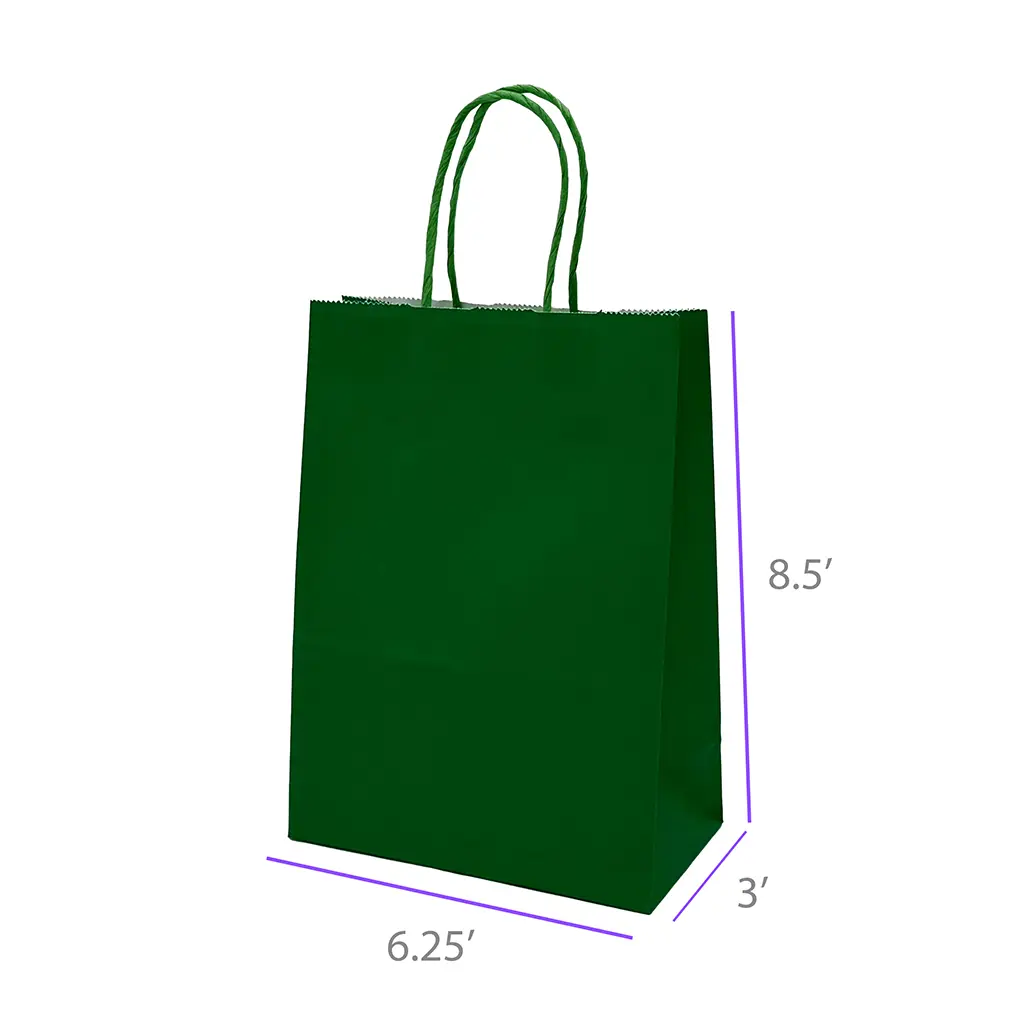 6.25x3x8.5 Green Color Paper Gift Bags with Twisted Handles