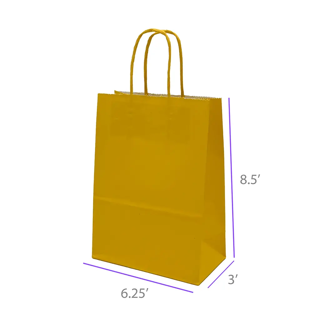 6.25x3x8.5 Yellow Color Paper Gift Bags with Twisted Handles