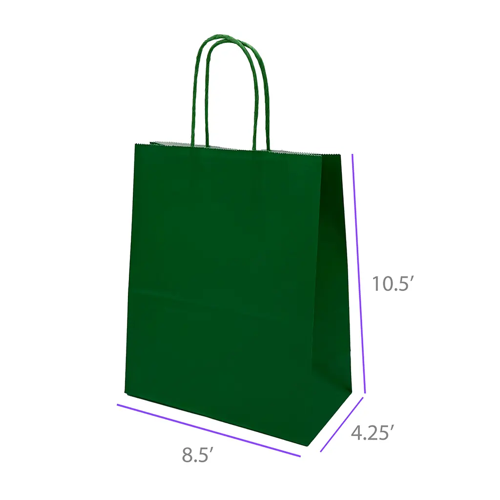 8.5x4.25x10.5 Green Color Paper Gift Bags with Twisted Handles